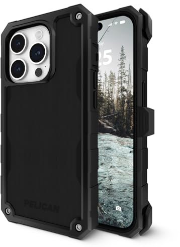 Pelican Shield Black Hülle für iPhone 15 Pro Max 6.7 [Kompatibel mit Mag Safe] [21FT Military Grade Drop Protection] Robuste magnetisch aufladbare Handyhülle mit Gürtelclip Holster Kickstand -Schwarz