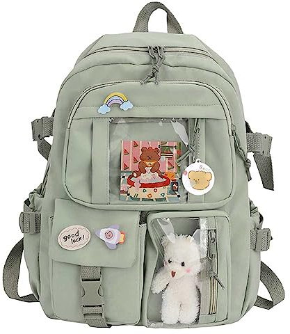 TIAASTAP Kawaii Rucksack für Teenager Mädchen, Aesthetic School Bag Cute Backpack Wasserdicht Schulrucksack Mädchen Schultasche 3 5 Klasse Schulranzen Kinderrucksack mit Kawaii-Anhänger