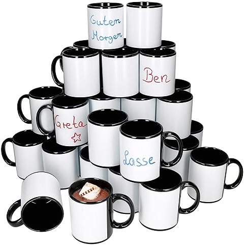 MamboCat Carina 36er Set Mehrwegbecher schwarz I 300 ml I zum Beschriften & Bemalen I Porzellan-Kaffeebecher mit Henkel für 36 Personen I Tassen für Heißgetränke wie Tee, Kakao & Co