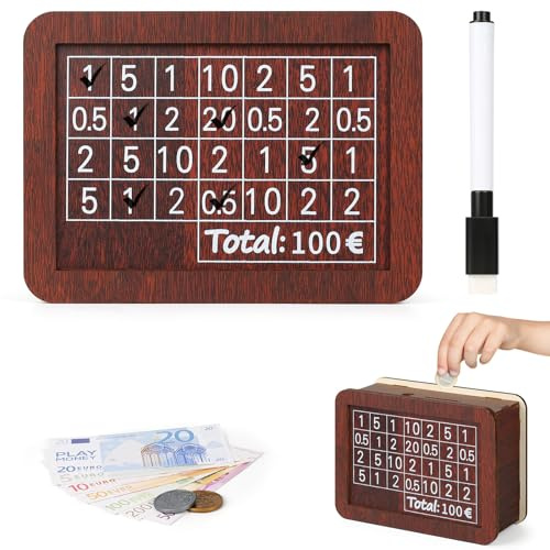 Bohoray €100 Sparbox mit Zahlen Ankreuzen für Spar Challenge | Retro Holzspardose Wiederverwendbare Sparchallenge Holz Spardose mit Sparziel und Zahlen zum Ankreuzen