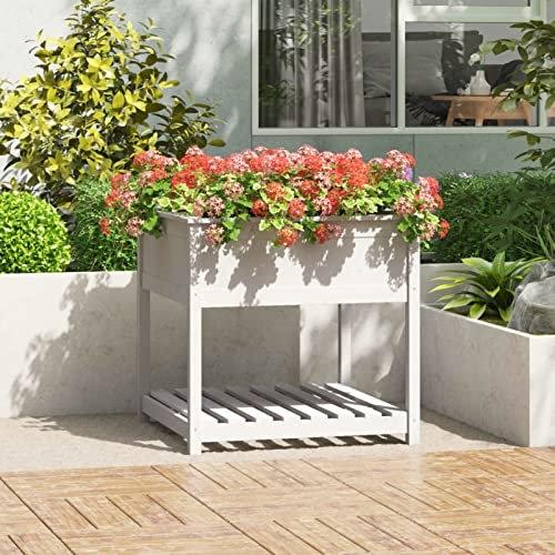 BaraSh Pflanzkübel mit Ablage Weiß 82,5x82,5x81 cm Massivholz Kiefer Hochbeete FüR Garten Balkon Hochbeet Raised Garden Bed PflanzküBel