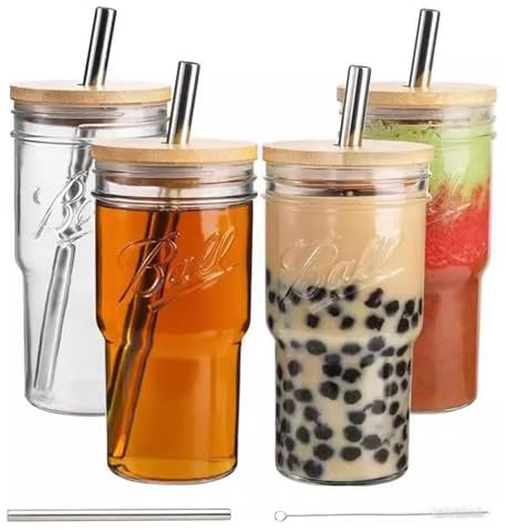 STARVAST 4 vasos de cristal de 720 ml con tapa y pajita, vasos de vidrio grueso, herméticos, impermeables, vasos para zumo de fruta, batidos, cerveza, café, zumo de verduras/té
