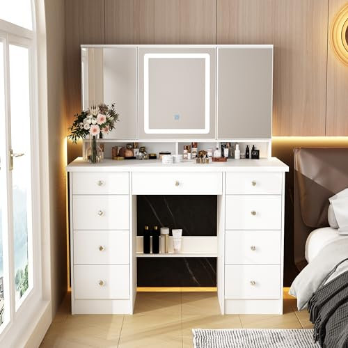 DEZAGCE Schminktisch mit LED-Beleuchtung, Kosmetiktisch mit übergroßem rechteckigem Spiegel, 9 Schubladen, Schminktische, Frisiertisch, Großer Stauraum, weiß, MDF, 50 x 110 x 137 cm