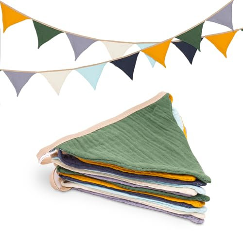 jijAcraft Wimpelkette Kinderzimmer, Doppelseitig Stoff Wimpelkette aus Musselin Baumwolle, 2,8M Bunt Stoffgirlande, Kinderzimmer Deko Mädchen & Jungen, für Hausbett, Babybett, Kinderbett, Wanddeko