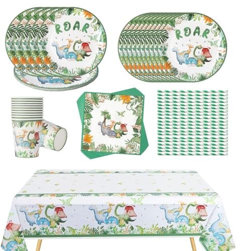 81Pcs Dinosaur Theme Party Tableware Decorations for Kids Birthday,Green Animal Party Tableware with Animal Jungle Table Cloth,7inch Paper Plates,Paper Napkins for Kids Jungle Safari Party Favor
