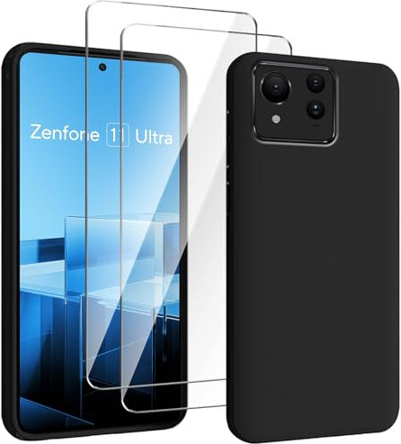 HuiYouMY Coque pour ASUS Zenfone 11 Ultra (6.78) avec 2 Pièces Verre Trempé Protection écran, Black Silicone TPU Souple Etui Housse Anti-Rayures Antichoc Case - Noir