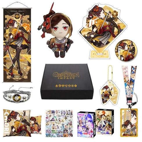 MOTAO Genshin Impact Box Xiao Hu Tao Qiqi Merch Set - Puppe, Poster, Kissenbezug, Standfigur, Armband, Abzeichen, Schlüsselanhänger, Kartenhülle, 30 Lomo Karten, 50 Aufkleber (Chiori)