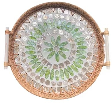 SLHEQING Bandeja para Servir de Ratán, Bandeja Redonda con Asas, Bandejas Decorativas para Cocina, Centros Decorativos de Mesa para Frutas, Cafe, Bebida, té, Comidas