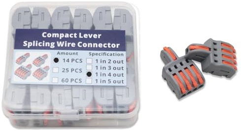 YQSIYU Conectores de cable de empalme de 1 en 4 salidas, 14 tuercas de palanca, terminal de palanca de abrazadera de 5 puertos con mango naranja en gris