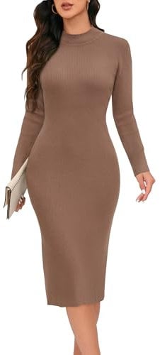 Arach&Cloz Jumper Dress for Women UK Long Sleeve Dress Elegant Sweater Winter Knitted Crew Neck Dresses Brown