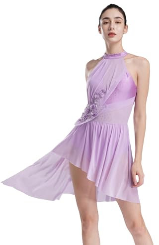 Freebily Abito da Pattinaggio Artistico Donna Strass Leotards Vestito Danza Classica Moderna Collo Halter Body da Ginnastica Costume da Ballo Latino Lirico Dancewear Viola Chiaro S