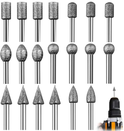 20PCS Diamond Grinding Bit Set, Diamond Burr Bits with 3mm Shank Drill Stone Carving Set Polishing Rotary Tools Compatible with Dremel Accessory for Grinding Carving Polishing Ceramics Glass Jewelry