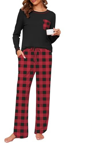 Namatime Pyjama long pour femme - En coton - Imprimé - 2 pièces - Manches longues - Avec poches - Pour l'automne et l'hiver, rouge + noir à carreaux, XL