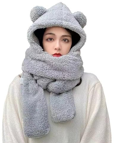 Cretvestsar Ensemble d'hiver 3 en 1 avec écharpe à capuche, bonnet, gants d'hiver pour femmes, capuche mignonne avec oreilles d'ours, cache-oreilles, bonnet en peluche thermique, gants de poche gris