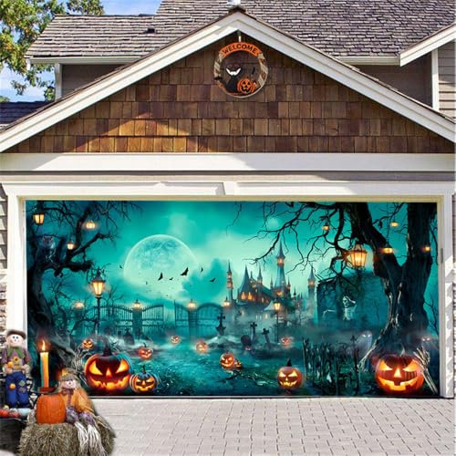 Hiseng Halloween Garagentor Banner, Große Outdoor Deko, Gruselige Garage Dekorationen für Party (210x240cm, Mond)