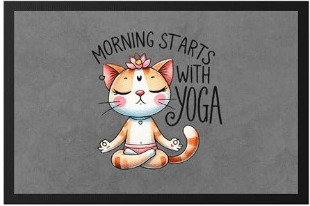 Hey!Print Morning Starts with Yoga Fußmatte Geschenkidee für Yoga-Fans und Katzenliebhaber