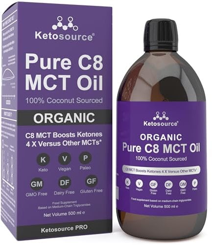 Organic Pure C8 MCT Oil | Boosts Ketones 4X Versus Other MCTs | Highest 99%+ Purity | 100% Coconut MCT Oil Organic | Keto, Fasting, Vegan & Gluten Safe | Premium Lab Tested Purity | 500ml Glass Bottle