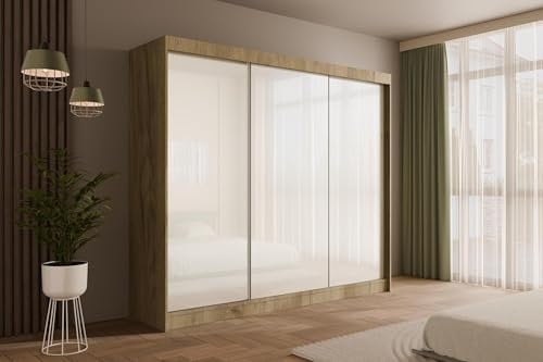 ALTDECOR Kleiderschrank mit Lacobel-Schiebetüren, kugelgelagerte Führungsschienen und Aluminium-Leisten - PEKA - 250 cm Eiche Craft/Weiß