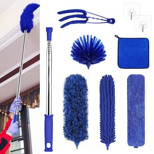 Feather Duster Extendable, 9 PCS Kit Extendable Duster with Extension Pole, 2,8m Telescopic Duster, Detachable Bendable, Reusable, Washable, for Cleaning Roof, High Ceiling Fan, Blinds(Blue)