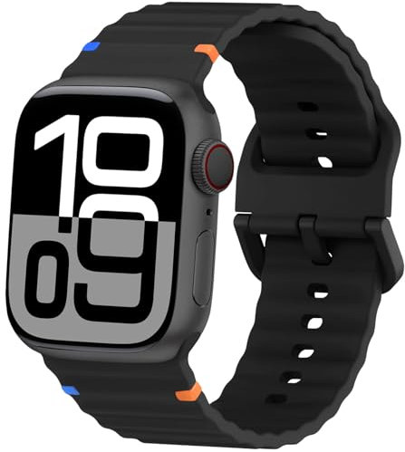 ALFARAY Sport Cinturino Compatibile con Cinturino Apple Watch 10 42mm 41mm 40mm 38mm per Uomo Donna, Oceano Morbido Silicone Cinturino per iWatch Series 10 9 8 7 SE 6 5 4 3 2 1, Nero