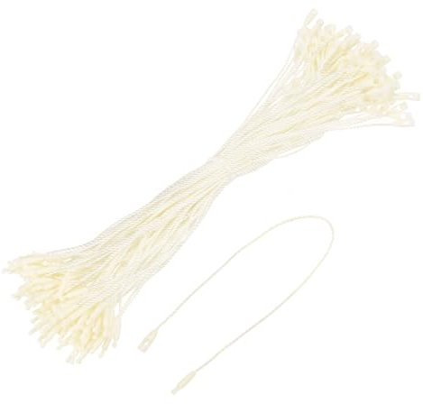 QUARKZMAN 100 Stück Hängeetiketten Etiketten Schnur, 200mm Sicherheitsfäden für Etiketten, Schnappverschluss zum Anbringen für Hängeetiketten Kleidung, Beige