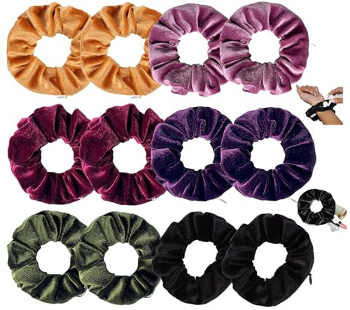 12 Stück Scrunchies, Haargummi mit Reißverschluss, Samt Weiche Haarbänder Mädchen Geldversteck Reise für Frauen Aufbewahrung Urlaub