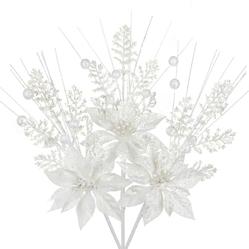 3er-Set Künstlichen Weihnachtsblumen Glitzer Kunstzweig Weihnachten Deko | Kunstzweig Weihnachten Deko für Weihnachtsbaum-DIY-Dekoration, Künstliche Blumen für Feiertage, Esstisch-Mittelstück, Weiß