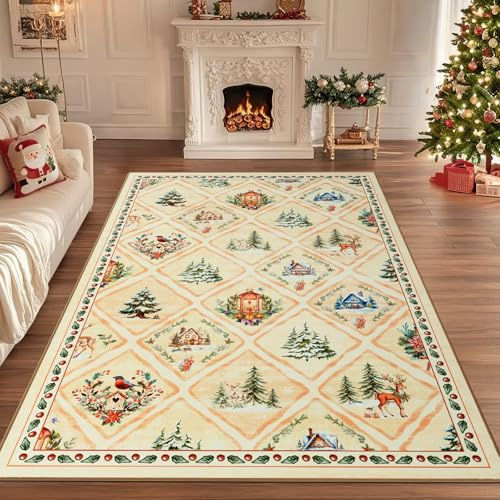 Geanup Weihnachtsteppich für Wohnzimmer 120 x 180 cm, Waschbar Beige Teppich Weihnachten Schlafzimmer rutschfest,Weicher Kurzflor Küchenteppich für Esszimmer Kinderzimmer Büro Festtagsdekoration