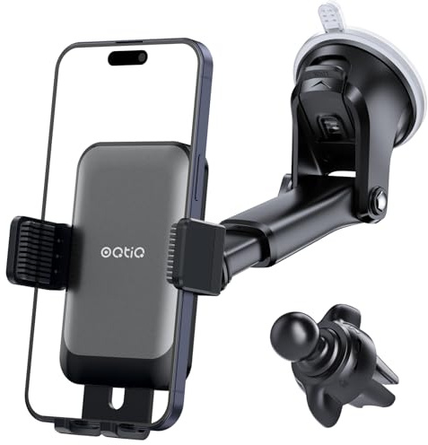OQTIQ Support Téléphone Voiture 3 en 1 – Telefoonhouder Auto Multicolore (Noir et Argent) pour Tableau de Bord, Ventilation et Pare-Brise, Compatible iPhone Samsung Google 4,7-6,9