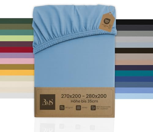 Bettwaesche-mit-Stil Familienbett Spannbettlaken Jersey Spannlaken Spannbetttuch (270x200-280x200 cm, Matratzenhöhe bis 35cm, Dunkelblau) Gewicht: 180g/m², 90% Baumwolle 10% Elasthan