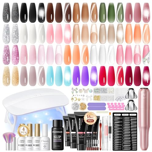 PEACECOLOR 52Pcs Poly Nail Gel Kit with Drill and U V Light 24 Colors Poly Nail Extension Gel with Cat Eye Nail Polish Glossy Matte Top Coat Nail Rhinestones Starter Kit Home Salon DIY Gifts for Women