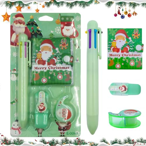 Huahuanghui Stylos à Bille de Noël,6-en-1 Multicolores à Stylos Billes Rétractable + Bloc-Notes de Noël + Surligneurs + Rubans Correcteurs,Cadeaux de Noël Fête,Stylos Fantaisie sur Le Thème de Noël