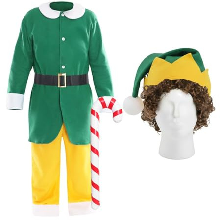 Erwachsenenkostüm – Standard – grüne Tunika, gelbe Hose, grüner und gelber Hut, braune lockige Perücke und aufblasbare Zuckerstange – Erwachsenenkostüm für Weihnachtsfilme