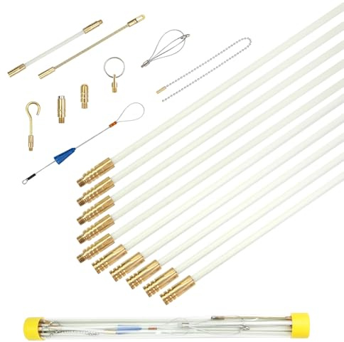 QZATACAEN 4.3M Fibreglass Cable Rod Set, 4mm *10, 10 Connectable Rods with 9 Accessory Kit – Wire Fishing & Cable Pulling Tool for Ceilings, Walls & Cavities(Non-Conduit)