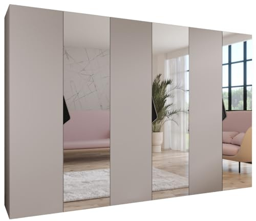 MEBLE KRYSPOL - Kleiderschrank - Garderobenschrank - 300 cm x 202 x 52 cm - Schrank mit Kleiderstange und Spiegel, 6 Türen - für Schlafzimmer, Flur - SANDI, Kaschmir, Griff Schwarz