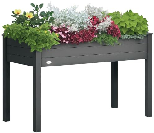 Outsunny Wooden Raised Bed for Garden, 122.5L x 56.5W x 76H cm, Dark Grey | Bed Liner, Elevated Raised Planter Box, for Flower Vegetable Herb