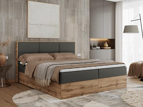 MKS MEBLE Boxspringbett Albero 2-160x200 cm mit Bettkasten, Kontinentalbett/Doppelbett, 2X 7-Zonen Taschenfederkern-Matratze H4, Topper Visco, Kopfteil, Dunkelgrau Kunstleder Holzoptik Wotan Eiche