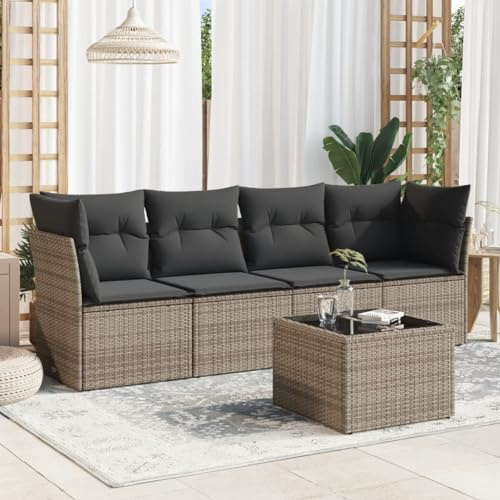 Runheo Salon de Jardin Modulable 5 pcs, Résine Tressée Grise, Coussins Épais, Table en Verre Trempé, pour Patio et Extérieur