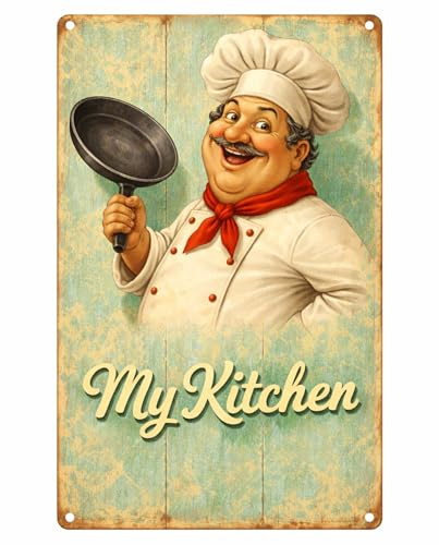 Blechschild Koch Vintage – Retro Metall Schild My Kitchen mit Koch Motiv – Nostalgie Wanddeko Küche – 20x30 cm für Küche, Restaurant & Café – Lustige Küchen Deko – AstraDesign