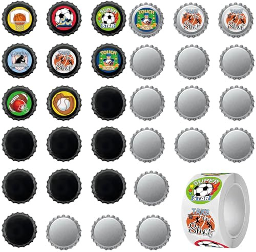 ZWWOGE 32 Stück Weißblech Kronkorken, Bierflaschenverschluss & Flaschenverschluss Set, für Bierflaschen und Glasflaschen, DIY mit Fußball Aufkleber Rolle, zum sicheren Verschließen