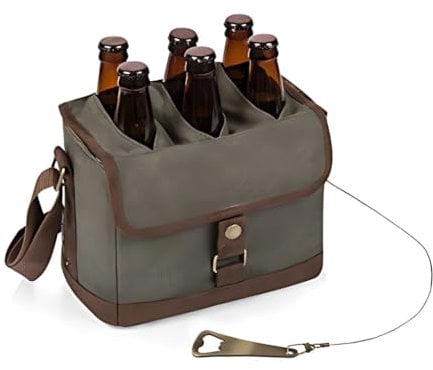 Legacy - a Picnic Time Brand Caddy, Tote with Opener, 6-Pack Cooler, Gifts for Beer Lovers, (Khaki Green with Brown Accents)