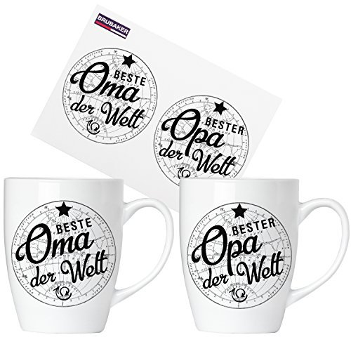 BRUBAKER Beste Oma & Bester Opa der Welt Tassen Set aus Keramik - 2 Kaffeebecher 300 ml - Kaffeetassen mit Grußkarte und Geschenkpackung