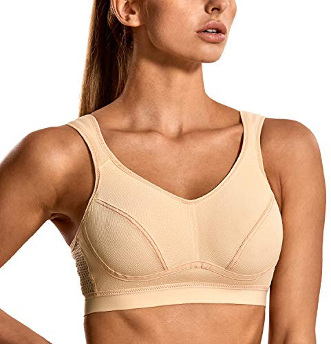 SYROKAN Women's Comfort Sports Bra High Impact for Large Breasts Wireless Stretch Support Bounce Control Beige 32B