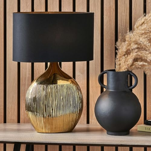 Pacific Lifestyle Ceramic Silver Table Lamp for Living Room | Art Deco Metallic Textured Bedside Lamps | Elegant Flat Chrome Lamp Base with Oval Faux Silk Shade (Gold)