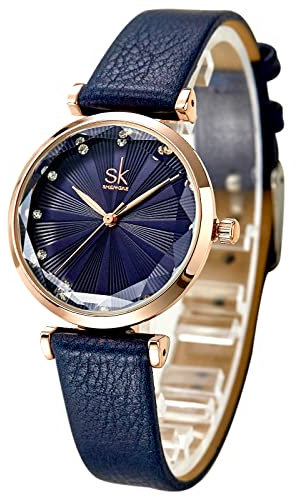SHENGKE Montres pour Femmes Mode Simple Montre Femme Creative Montre Femme Montre-Bracelet Étanche avec Bracelet en Cuir,Bleu