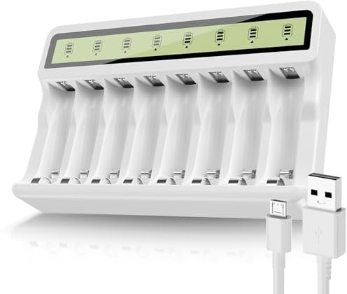 POWEROWL - Caricabatterie Pile Ricaricabili AA AAA, Funzione di Ricarica Rapida USB, Rilevamento Intelligence Della Batteria, per 8 batterie ricaricabili Ni-MH Ni-CD