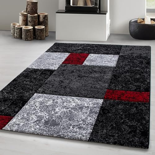 Carpetsale24 Teppich 200x290 cm – Kurzflor Konturenschnitt in Schwarz Grau Rot – Kariertes Design, Extra Weich, Pflegeleicht, Waschbar – Für Wohnzimmer, Schlafzimmer, Esszimmer