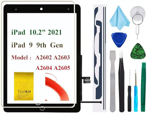 Ersatzdisplay für iPad 9 9. Generation 2021 25,9 cm (10,2 Zoll), T Phael für 9. Generation A2602 A2603 A2604 A2605 mit Home-Taste, Video-Tipps, vollständiges Reparaturset (schwarz)