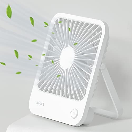JISULIFE Mini Ventilador de Mesa, Lleva Batería Recargable de 4500 mAh, Ventilador Portátil Plegable de 180 °, 4 Velocidades del Viento Ajustable, Potente y Silencioso-Blanco