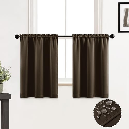 XTMYI Rideaux marron de 90 cm de long pour fenêtre de douche et salle de bain, 2 panneaux occultants imperméables avec passe-tringle pour cuisine, café
